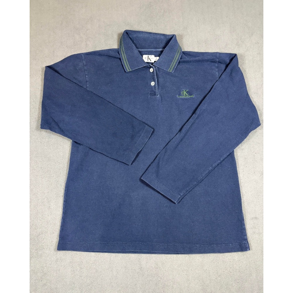 Calvin Klein Jeans Polo Shirt Mens Medium Blue Long Sleeve Pique Logo